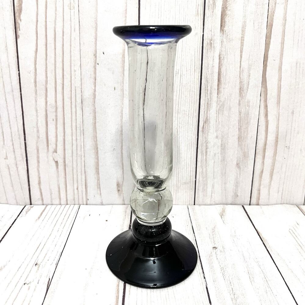 Mexican Handblown Glass Cobalt Blue & Clear Bud Vase Vintage Mexico Art